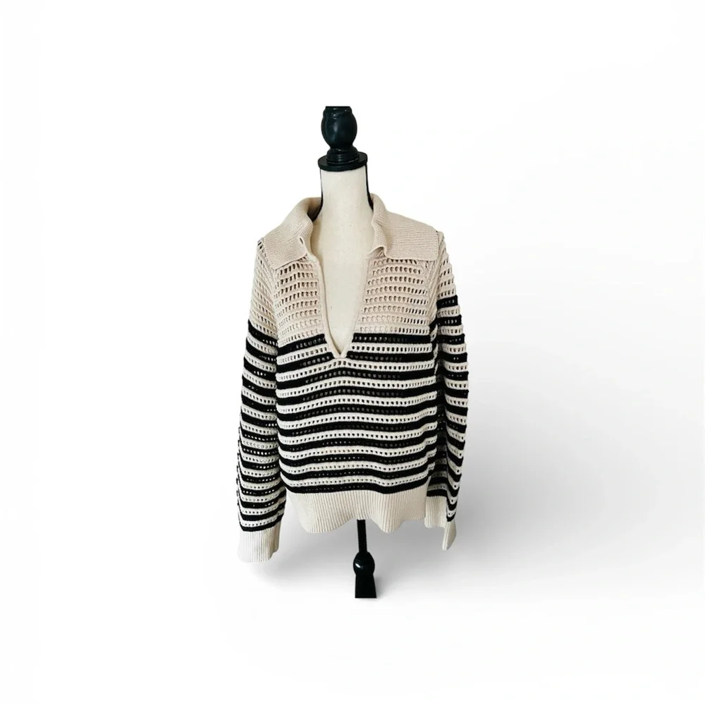 J Crew Crocheted Cream/Black Stripe Open Neck Pullover XL